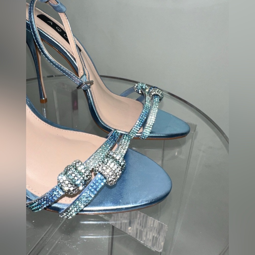 AQUA RHINESTONE STRAPY SANDAL HEELS - Picture 5 of 11
